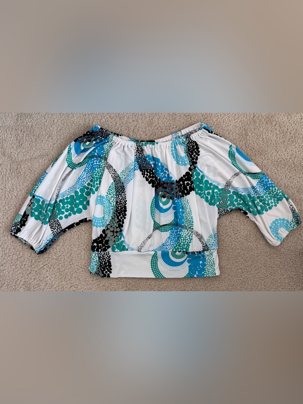 Express Off-Shoulder Top with Teal, Aqua & Black Print
